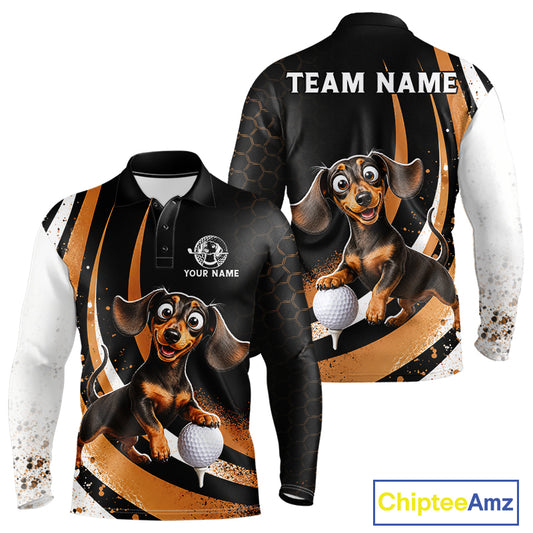 Front and back views of a long-sleeve polo shirt with an all-over graphic print featuring a dachshund holding a golf ball on a black, gold, and white design. The front has a polo collar, mock button placket, and customizable text placeholders.