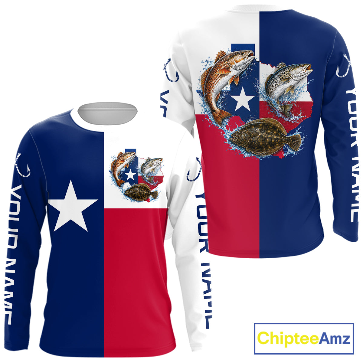 Texas Slam Long Sleeve Jersey With Redfish, Trout & Flounder Texas Saltwater Fishing Shirt For Men 