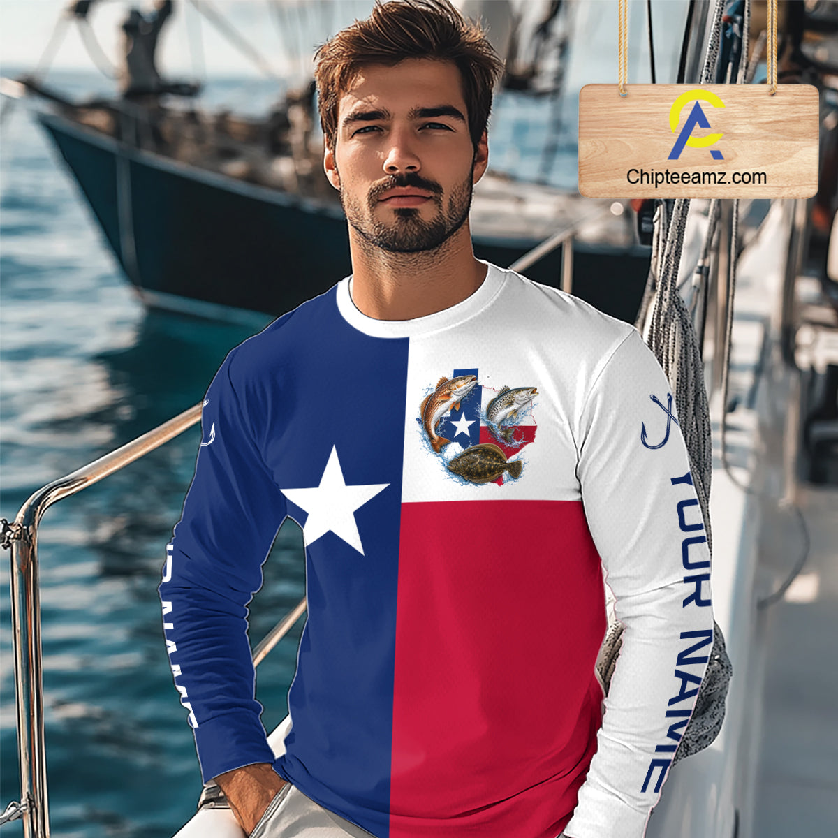 Texas Slam Long Sleeve Jersey With Redfish, Trout & Flounder Texas Saltwater Fishing Shirt For Men 