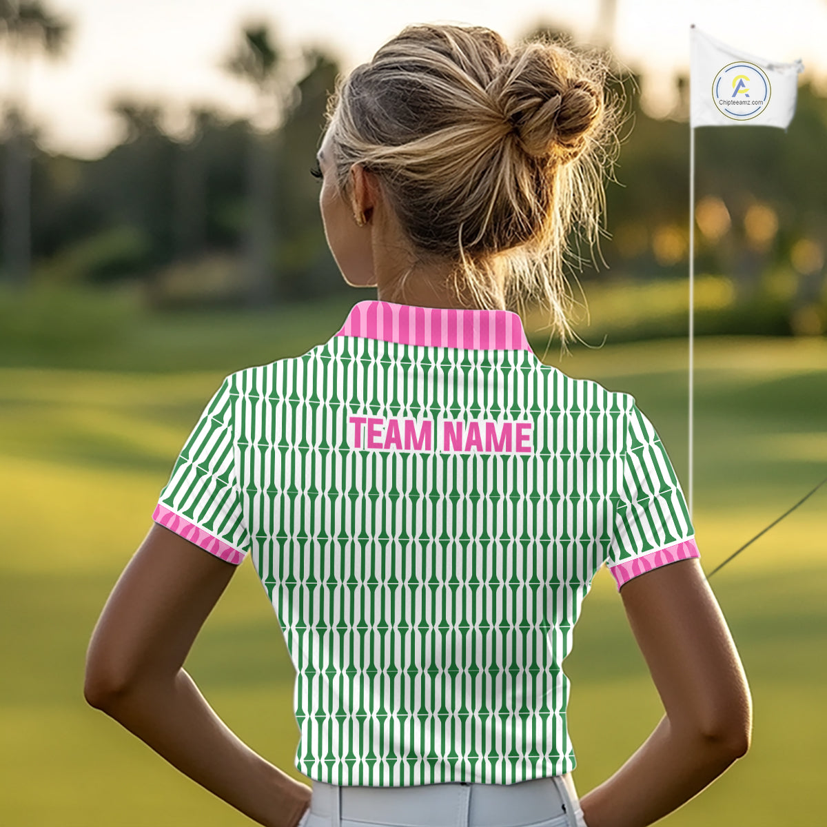 Funny Pink Green Geometric Womens Polo Golf Shirt, Retro Style Performance Golf Top For Family Team Shirt  NHT692