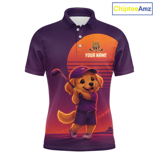 Personalized Golden Retriever Dog Golf Shirt - Retro Sunset Golf Polo Shirt For Men