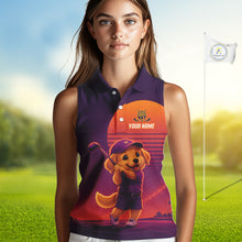 Load image into Gallery viewer, Personalized Golden Retriever Dog Golf Shirt - Retro Sunset Womens Sleeveless Golf Polo Shirt 