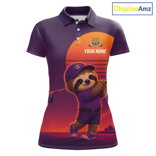 Personalized Sloth Golf Shirt - Retro Sunset Womens Golf Polo Shirt