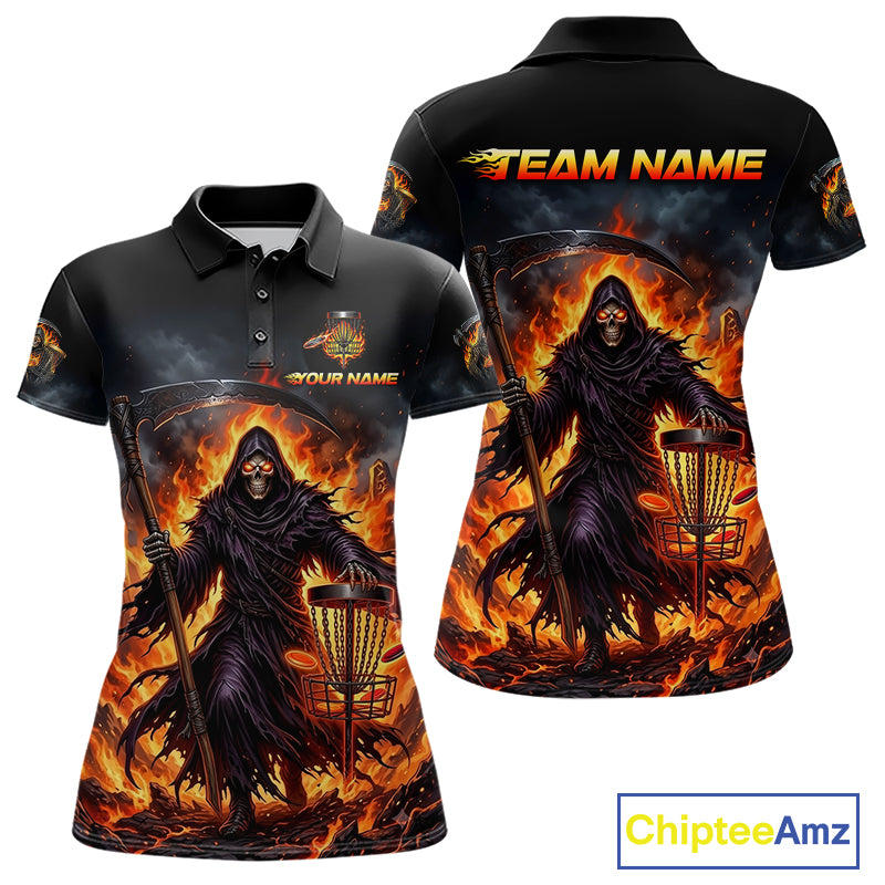 Personalized womens disc golf polo shirt, flaming grim reaper death graphic 3D printed jersey, front view.