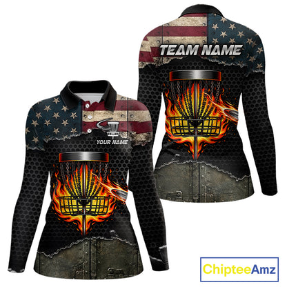 Fire basket sports apparel women disc golf shirt, USA flag print, short sleeve polo, custom name detail.