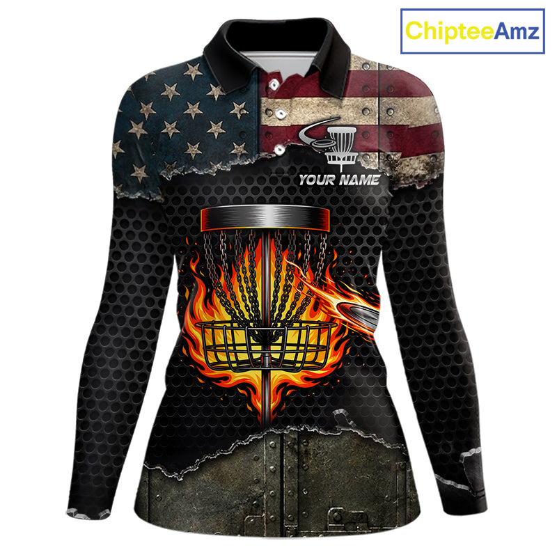 Fire basket sports apparel women disc golf shirt, USA flag print, short sleeve polo, custom name detail.