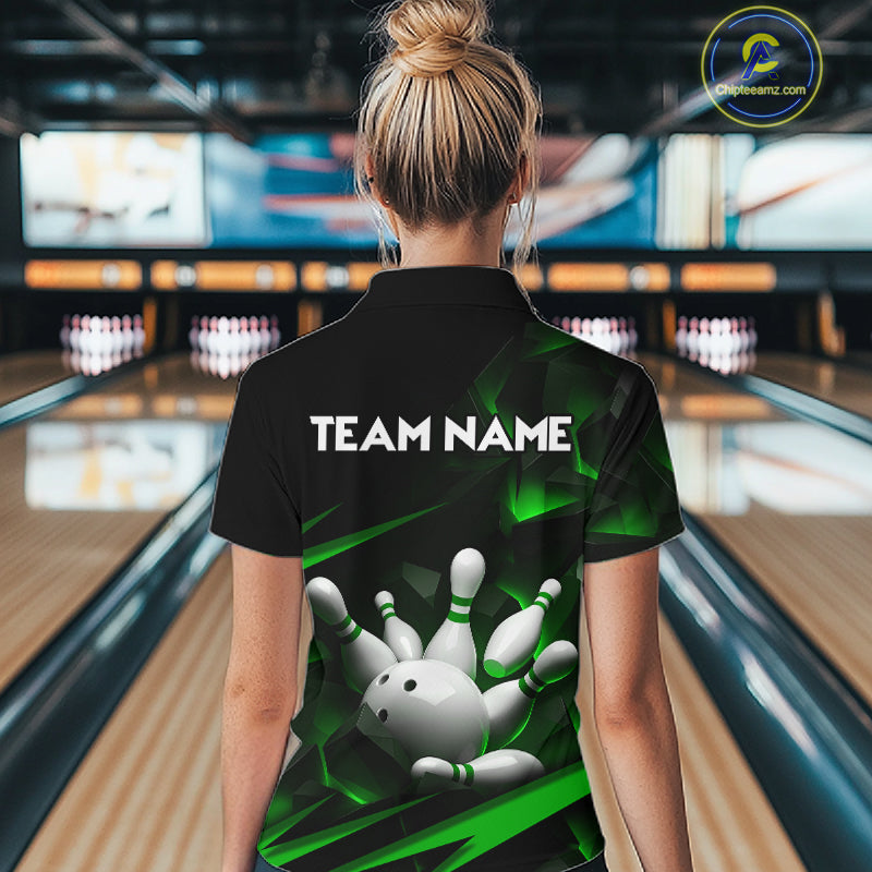 Personalized Bowling 1/4 Quarter Zip Polo Green Black Bowling Ball Jersey For Women NHT1344