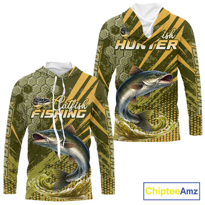 Personalized Catfish Long Sleeve Hooded Fishing Shirts, Catfish Fishing Jerseys For Men NHT522