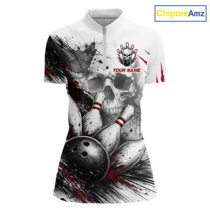 A white short-sleeve polo shirt with a front zipper, featuring a bold black and red bowling-themed graphic print with a skull, bowling pins, and a bowling ball. The shirt includes customizable text placeholders 'YOUR NAME' and 'CHIMPTEEAMZ' on the chest and sleeve.