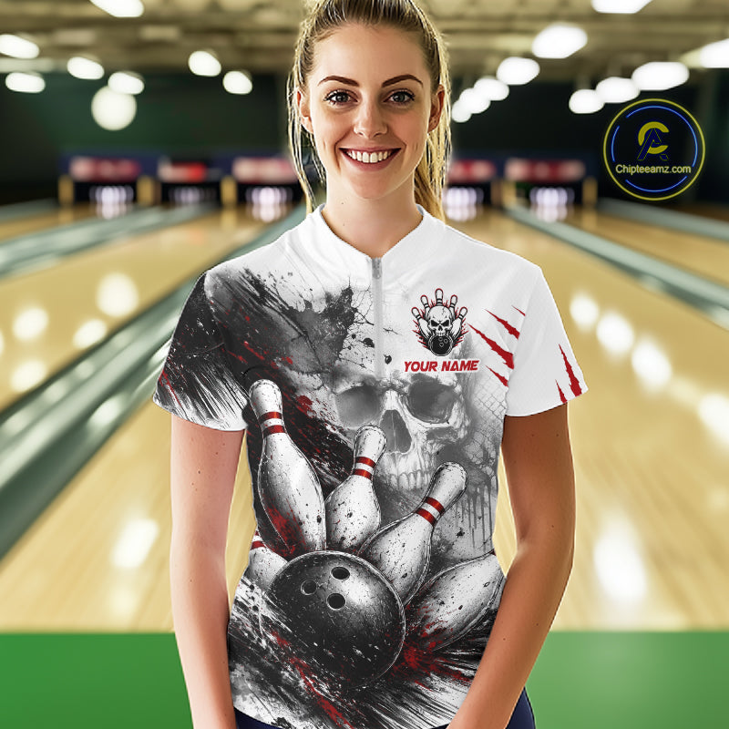 Women's Personalized Skull Bowling Tournament Shirt & Quarter Zip – Custom Name Team Jersey NHT1214