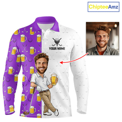 Custom Golf Polo With Face Funny Golfer Beer Lover Gift For Men|Purple 