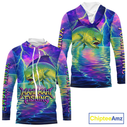 Angry Mahi Mahi Custom Hooded Fishing Shirts Long Sleeve, Design Neon Mahi Mahi Fishing Jersey NHT533