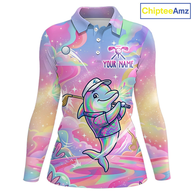 Funny Pastel Dolphin Womens Golf Polo Shirt Custom Ocean Golf Shirt, Polo Gift For Golf Lovers NHT897