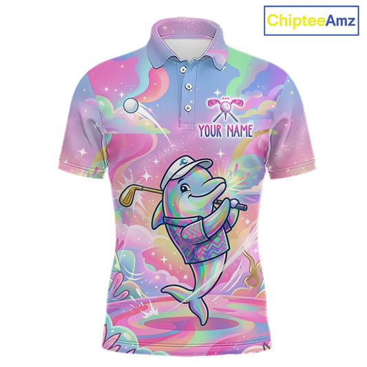 Funny Pastel Dolphin Mens Golf Polo Shirt Custom Ocean Golf Shirt, Polo Gift For Golf Lovers NHT897