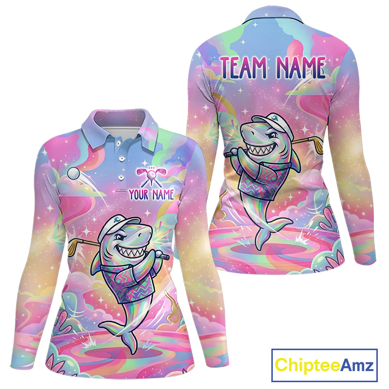 Funny Pastel Shark Womens Golf Polo Shirt Custom Ocean Golf Shirt, Polo Gift For Golf Lovers NHT898