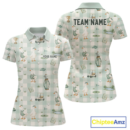 Front and back views of a short-sleeve polo shirt featuring a golf-themed cartoon duck print on a pale green and white gingham background. The front has placeholder text 'YOUR NAME' and 'TEAM NAME' on the back, with a 'ChipteeAmz' logo in the bottom right corner.