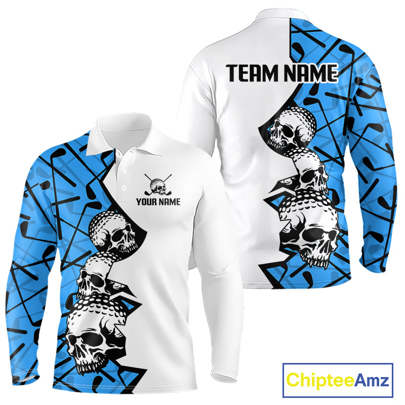 Custom Skull Mens Golf Polo Shirt Personalized Name, Golf Team Polo Jersey| Blue