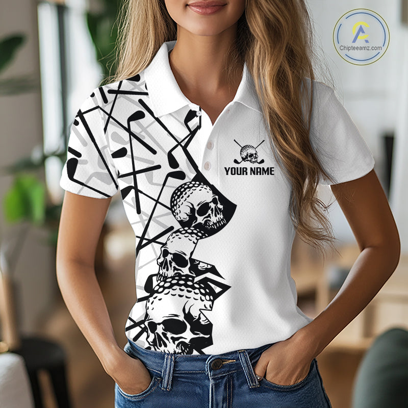 Custom Skull Womens Golf Polo Shirt Personalized Name, Golf Team Polo Jersey| White 