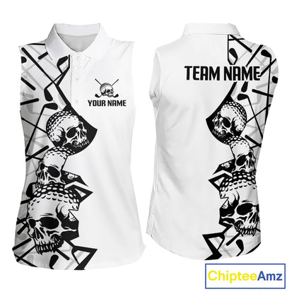 Custom Skull Womens Sleeveless Golf Polo Shirt Personalized Name, Golf Team Polo Jersey| White 