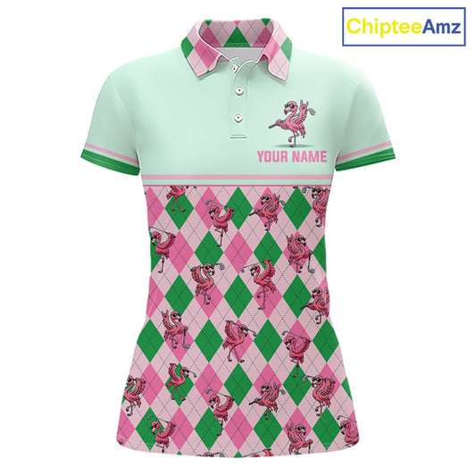 A women's short-sleeve polo shirt with a mint green upper chest and collar, a pink and green argyle pattern with flamingo illustrations across the lower half, and a customizable name print on the chest. The ChipteeAmz logo is visible in the top right corner.
