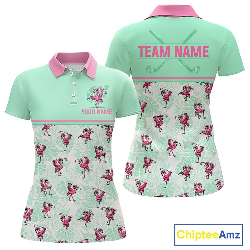 Front and back views of a women's short-sleeve polo shirt in mint green and pink. The upper chest and collar are solid pink and mint, while the lower body features an allover pattern of pink flamingos and green tropical leaves on a white background.