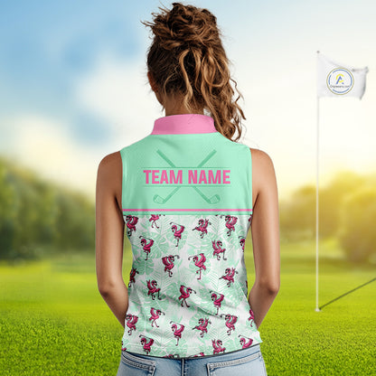 A woman viewed from behind wearing a sleeveless personalized golf shirt with a mint green and white patterned design, pink collar and lettering, set against a blurred golf course background with a flagstick visible.