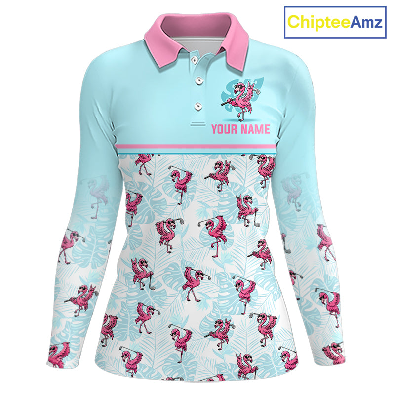A long-sleeve polo shirt with a light blue body, pink collar, and pink flamingo pattern with palm leaves. It features a customizable name print on the chest and a cartoon flamingo graphic on the upper right chest.