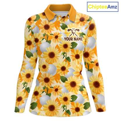 Personalized Sunflower Womens Golf Polo Shirt Custom Name Floral Golf Polo For Women 