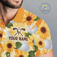 Load image into Gallery viewer, Personalized Sunflower Mens Golf Polo Shirt Custom Name Floral Golf Polo For Men 