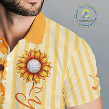 Load image into Gallery viewer, Personalized Sunflower Mens Golf Polo Shirt Custom Name Golf Ball Floral Polo Shirt 