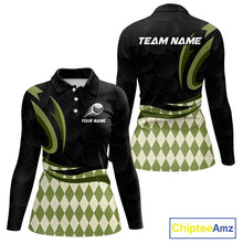 Load image into Gallery viewer, Personalized Womens Golf Polo Shirt Custom Name, Black Green Argyle Golf Team Polo 