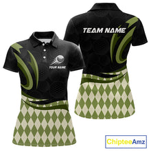 Load image into Gallery viewer, Personalized Womens Golf Polo Shirt Custom Name, Black Green Argyle Golf Team Polo 