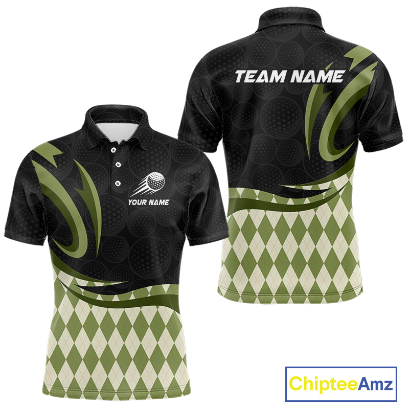 Personalized Mens Golf Polo Shirt Custom Name, Black Green Argyle Golf Team Polo 