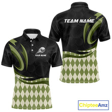 Load image into Gallery viewer, Personalized Mens Golf Polo Shirt Custom Name, Black Green Argyle Golf Team Polo 