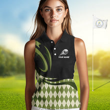Load image into Gallery viewer, Personalized Womens Sleeveless Golf Polo Shirt Custom Name, Black Green Argyle Golf Team Polo 