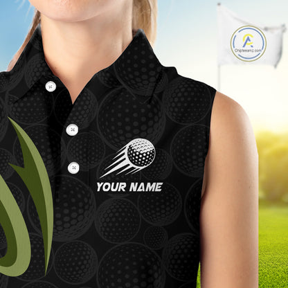 Personalized Womens Sleeveless Golf Polo Shirt Custom Name, Black Green Argyle Golf Team Polo 