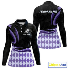 Load image into Gallery viewer, Personalized Womens Golf Polo Shirt Custom Name, Black Purple Argyle Golf Team Polo 