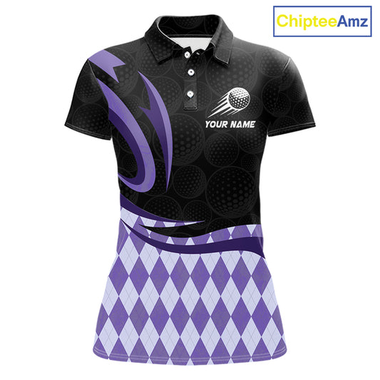 Personalized Womens Golf Polo Shirt Custom Name, Black Purple Argyle Golf Team Polo 