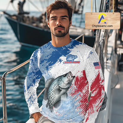 Custom Patriotic American Flag Crappie Fishing Shirts Long Sleeve, Fishing Tournament Jerseys NHT550