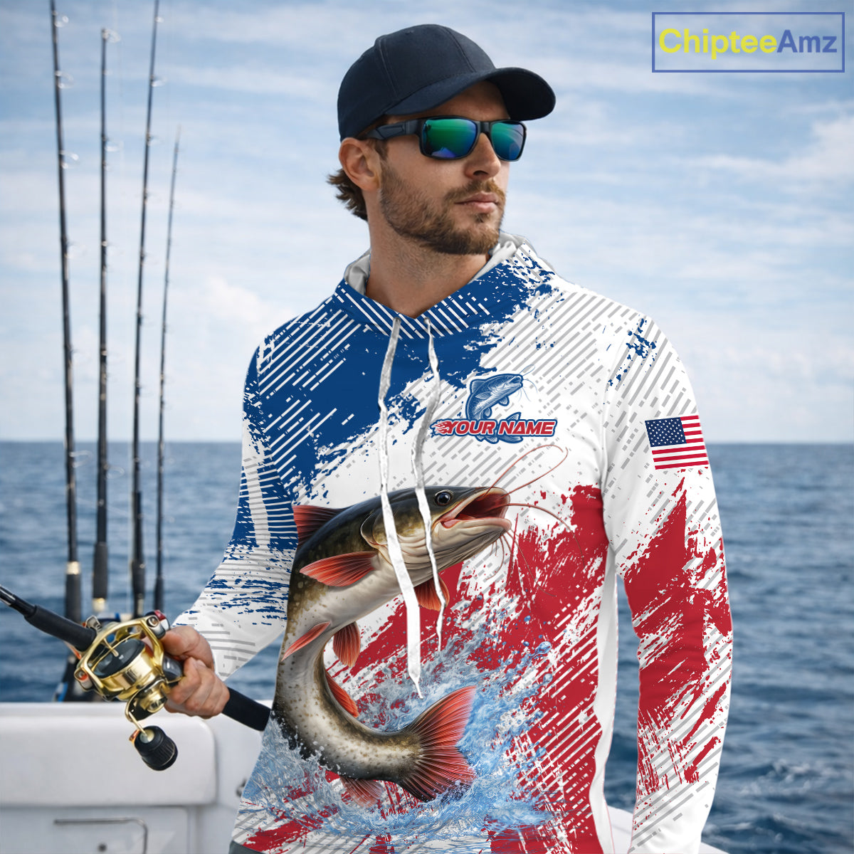 Custom Patriotic American Flag Catfish Fishing Shirts Long Sleeve Hooded, Fishing Tournament Jerseys NHT552
