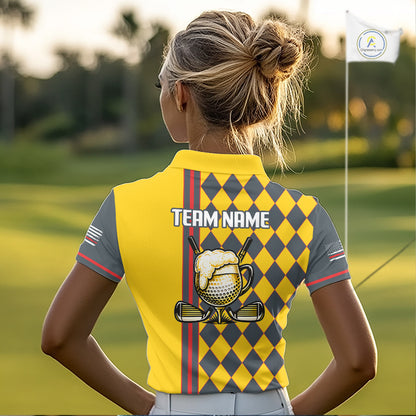 Personalized Womens Golf Polo Shirt Beer And Golf Ball Graphic Custom Team Name Golf Jersey|Yellow 