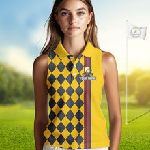 Load image into Gallery viewer, Personalized Womens Sleeveless Golf Polo Shirt Beer And Golf Ball Graphic Custom Team Name Golf Jersey|Yellow 