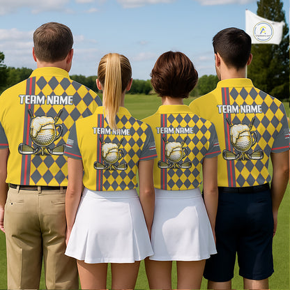 Personalized Womens Golf Polo Shirt Beer And Golf Ball Graphic Custom Team Name Golf Jersey|Yellow NHT1090