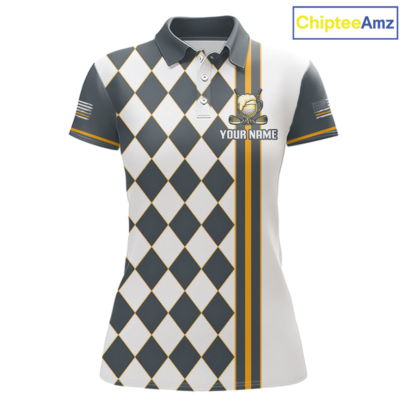 Personalized Womens Golf Polo Shirt Beer And Golf Ball Graphic Custom Team Name Golf Jersey|White 