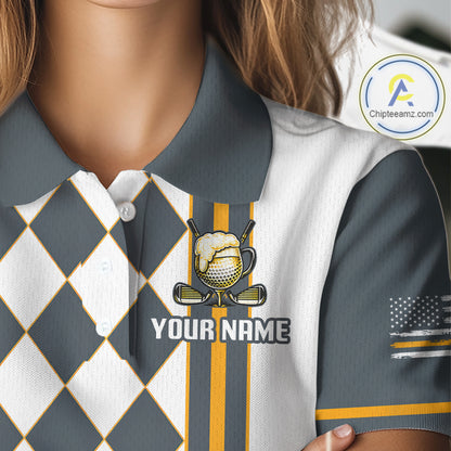 Personalized Womens Golf Polo Shirt Beer And Golf Ball Graphic Custom Team Name Golf Jersey|White NHT1091