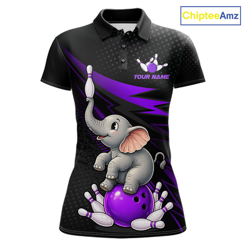 A women's short-sleeve polo shirt in black with a vibrant graphic of a cartoon baby elephant sitting on a purple bowling ball and reaching for a bowling pin. The shirt features purple lightning-bolt patterns, a customizable name placeholder 'YOUR NAME' under a small bowling pin and crown graphic, and a 'ChipteeAmz' logo in the top right corner.
