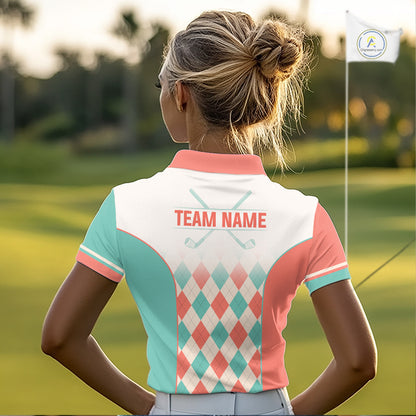 Argyle Pattern Golf Polo Shirts For Womens Custom Name, Golf Pattern Orange Turquoise Shirt Gifts NHT929