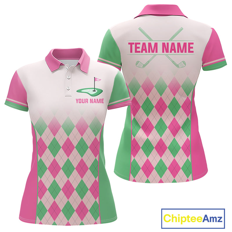 Argyle Pattern Golf Polo Shirts For Womens Custom Name, Golf Pattern Pink Green Shirt Gifts NHT930