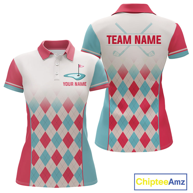 Argyle Pattern Golf Polo Shirts For Womens Custom Name, Golf Pattern Red Blue Shirt Gifts NHT931