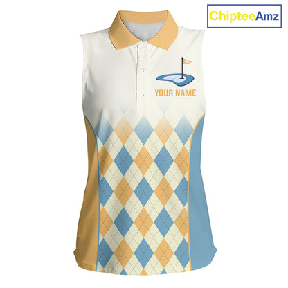 Argyle Pattern Womens Sleeveless Golf Polo Shirts For Womens Custom Name, Golf Pattern Yellow Blue Shirt Gifts NHT933